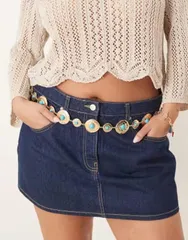 エイソス レディース アクセサリー ベルト ASOS Curve ASOS DESIGN Curve waist and hip turquoise stone set chain belt GOLDのサムネイル