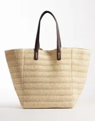 エイソス レディース バッグ ASOS DESIGN straw oversized tote bag with pu handles NATURALのサムネイル
