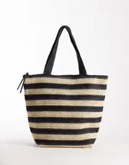 エイソス レディース バッグ ASOS DESIGN straw crochetote and beige stripes Mono stripe ストライプのサムネイル