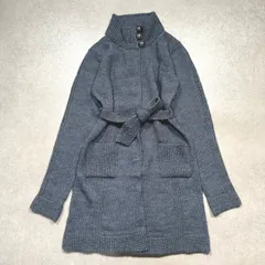 ロングカーディガン アルパカ混 ウール ベルト 銀ボタン レトロボタン  ハイネック 羽織り ブルー 青 Lサイズ YYE260128