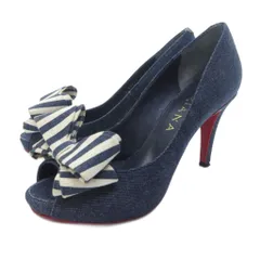ダイアナ DIANA リボン オープントゥ パンプス シューズ ハイヒール デニム調 インディゴブルー 23.5cm 0204