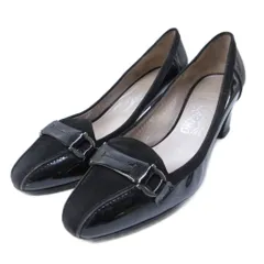 サルヴァトーレフェラガモ Salvatore Ferragamo パンプス ガンチーニ エナメル 切替 スエード レザー ヒール 7 1/2 D 約25cm 黒 ブラック IBO87 0126