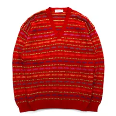 Fantasie di Settembre イタリア製 90年代 Vネック 3D ニット セーター L レッド 総柄 ボーダー