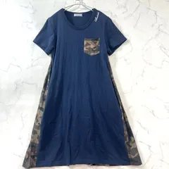 M 美品 アヴィレックス バックプリーツロングワンピース 半袖 迷彩 カモフラ ポケット 刺繍ロゴ ネイビー AVIREX レディース B2117