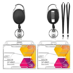 【新品】 IDカードホルダー2個セット 格納式バッジリールホルダー 親指スロット付き ハード透明名札クリップ ブラック ネック ストラップ社員証 名札ケース オフィス、学校、展示会、運転免許証、クレジットカード、パスに最適（横式） 0
