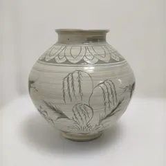 灰釉 鶴文 花瓶 壺 大壺 陶器 和風 飾壺 置物 松 柳 縁起物 手描き風 丸壺 床の間 インテリア 和室 玄関飾り　灰色　花瓶　260220-11Y