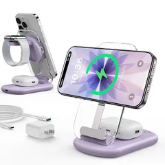 3in1充電器 ワイヤレス充電器 MagSafe充電器 - 折り畳み式 雰囲気ライト付き iPhone/Apple Watch/Airpodsに対応 マグセーフ充電器 3台同時充電 角度調整可能 マルチ充電スタンド マグネット式 旅行用 自宅用 iWatc 0