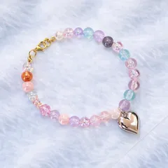 【ブレスレット】ハートチャーム ビーズブレスレット カラフル 可愛い 韓国風 ハンドメイド 19cm
