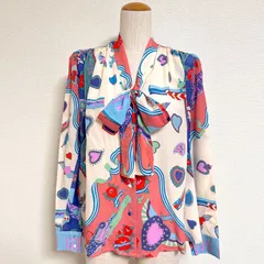 Kiwanda Kiwanda キワンダ 日本製 Oliver Silk Blouse Romeo+Juliet シルク100% ボウタイブラウスシャツ 総柄 ローズ/ネイビー マルチカラー 36 S