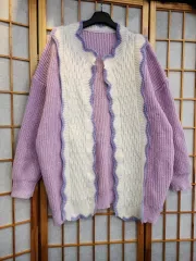 ラベンダー 白 ケーブル ニット カーディガン Free!