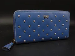 ■美品■ ANYA HINDMARCH アニヤハインドマーチ レザー スタッズ リボン ラウンドファスナー 長財布 ウォレット ブルー系 DM2926のサムネイル