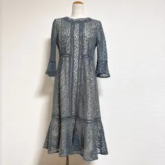 美品 アサクラ ヴィンテージレースフレアワンピース 総レース 花柄レース×ハシゴレース オケージョンドレス 7分袖 ベルスリーブ ミモレ丈 ライトカーキ 38 M