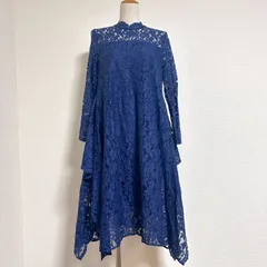 タグ付 リルフェテ Rire Fete スコットクラブ 日本製 総レースワンピース オケージョンドレス イレヘム 膝下丈 シアー 花柄レース ハイネック 長袖 スリットスリーブ ブルー 9号 M