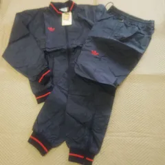 80s　90s　未使用　タグ付き　adidas　アディダス　ナイロンジャケット　ウインドブレーカー　セットアップ　フード付き　トレフォイルロゴ　ネイビー系　140サイズ