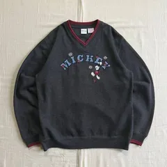 90s　vintage　Old Disney　ヴィンテージディズニー　MICKEY　ぶら下がりミッキーマウス　キャラクター　アーチロゴワッペン　花刺繍　リブライン　Vネック　スウェット　トレーナー　グレー　Y2K　アメカジ　v-neck sweat shirt