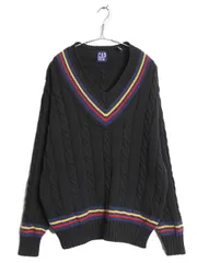 【お得なクーポン配布中!】 90s オールド ギャップ チルデン ケーブル ニット セーター メンズ М / 旧タグ Vネック 長袖ニット ヘビーウェイト コットン シンプル 黒