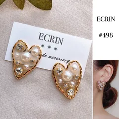 【#498】ハート　ビジュー　パール　ハンドメイドアクセサリー　ピアス　イヤリング　結婚式　ゴールド