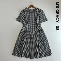 M'S GRACY エムズグレイシー☆ギンガムチェック半袖リボンワンピース 38 モノトーン ギャザー