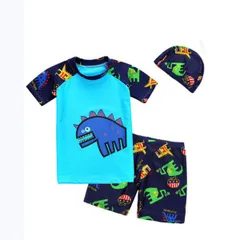 子供 水着 男の子 半袖ラッシュガード 3点 セットキッズ 水着  キッズ ジュニア水 泳帽子付き 水陸両用 uvカット 日焼け防止  男児用水着 水着パンツ 爆買