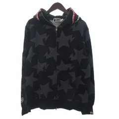 アベイシングエイプ A BATHING APE 美品 パーカー スウェット シャークフーディ フルジップ 裏毛 ワッペン 総柄 星 001ZP1301002M 黒 ブラック XL