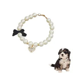 Sunny Glow ペット 首輪 フェイクパール ネックレス 猫 小型犬用 リボン チェック柄 ハート チャーム付き ラインストーン 調節可能 アクセサリー (ブラック, S) [ブラック] [S]