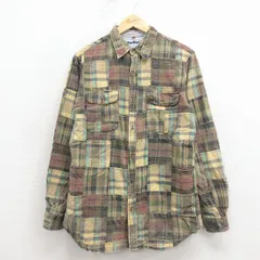 M/古着 長袖 シャツ メンズ パッチワーク コットン 薄緑他 チェック 26jan31