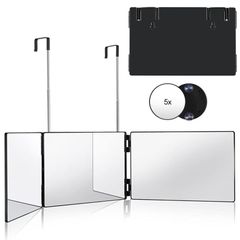 【数量限定】mirror 5倍拡大鏡付き 折りたたみ可能 3ウェイミラー 壁掛け 後頭部が見える 鏡 壁掛けミラー 高さ調節可能 HD鏡面 かがみ 化粧鏡 大きい 360°角度自在調整 安定して使い セルフカット 飛散防止 三面鏡 (ブラック)
