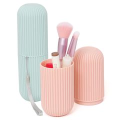 【人気商品】メイクブラシケース パステルカラー 2個セット 携帯用 歯ブラシケース ペンケース アストロ ブラシスタンド ストラップ付き 730-26 薄ピンク色・水色
