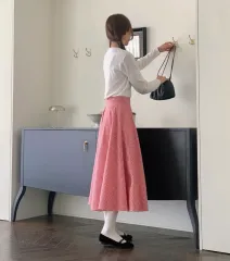 ギンガムチェック フレア ロングスカート - レッド