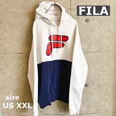 【USED】US 古着 FILA フィラ ビッグロゴ パーカー メンズ XXL ホワイト ネイビー 切替 フーディー スウェット アメリカ古着 ビッグサイズ ゆるだぼ ストリート スポーツミックス プルオーバー レトロ