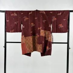 【在庫一掃】 【美品】 道中着 身丈87.5cm 裄丈64.5cm M 和装コート 草花 四角 茶紫 正絹 秀品 【中古】