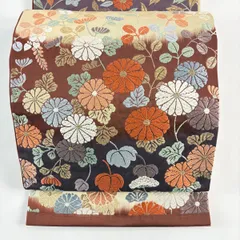 【在庫一掃】 袋帯 秀品 関西仕立て 秋草 金糸 唐織 小豆色 六通 正絹 【中古】