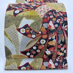 【在庫一掃】 【美品】 袋帯 秀品 関西仕立て 束ね熨斗 花鳥 刺繍 金銀糸 金色 六通 正絹 【中古】