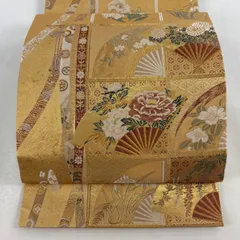 【在庫一掃】 【美品】 袋帯 秀品 扇 草花 箔 金糸 金色 六通 正絹 【中古】