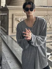 メンズ 長袖Tシャツ ワイドネック ロンT カットソー 春 秋 メンズファッション ストリート ダークストリート 韓国ファッション オーバーサイズ ゆったり ビッグシルエット カジュアル トレンド おしゃれ シンプル 黒系 モード 男性 トップス 春服 秋服