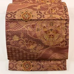 【在庫一掃】 袋帯 秀品 向かい鳥 華文 金糸 箔 小豆色 六通 正絹 【中古】