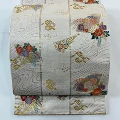 【在庫一掃】 袋帯 秀品 関西仕立て 扇 草花 金糸 箔 クリーム 六通 正絹 【中古】