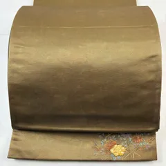 【在庫一掃】 袋帯 秀品 幾何学 箔 茶緑色 全通 正絹 【中古】