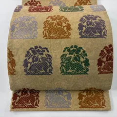 【在庫一掃】 【美品】 袋帯 秀品 関西仕立て 草花 動物 箔 金通し 黄土色 全通 正絹 【中古】