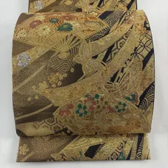 【在庫一掃】 【美品】 袋帯 秀品 扇 蝶 金糸 箔 黒 六通 正絹 【中古】