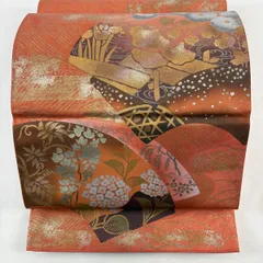【在庫一掃】 袋帯 秀品 関西仕立て 扇面 草花 金銀彩 箔 オレンジ 六通 正絹 【中古】