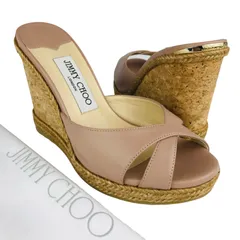 新品同様★JIMMY CHOO★ジミーチュウ【ALMER】レディース レザー ブランドロゴ刻印メタルプレート ウェッジソール サンダル (36.5/23.5㎝相当) ブランドサンダル カジュアルシューズ イタリア製 春夏靴 レディースサンダル