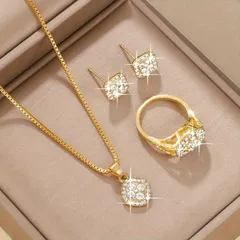 淡水パール スクエアネックレス・ピアス・リング セット　■3732