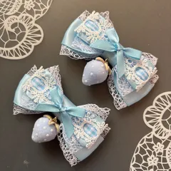 ふわ苺♡はしごギンガムレースリボン　水色　ヘアクリップ  量産型　地雷　ゴスロリ　天使界隈　サブカル　コンカフェ