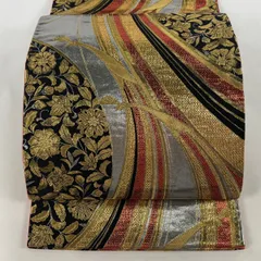 【在庫一掃】 袋帯 秀品 花唐草 鳥 箔 金糸 黒 六通 正絹 【中古】
