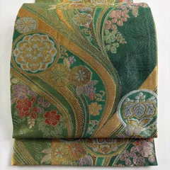 【在庫一掃】 袋帯 秀品 華文 向かい鳥 金銀糸 箔 緑 六通 正絹 【中古】