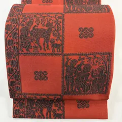 【在庫一掃】 【美品】 袋帯 秀品 人物 動物 茜色 全通 正絹 【中古】