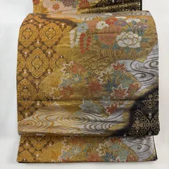 【在庫一掃】 袋帯 秀品 扇面 花車 金糸 箔 金色 六通 正絹 【中古】