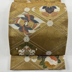 【在庫一掃】 【美品】 袋帯 秀品 花唐草 向かい鳥 金糸 箔 薄茶色 六通 正絹 【中古】