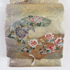 【在庫一掃】 袋帯 秀品 扇面 椿 金糸 箔 金色 六通 正絹 【中古】